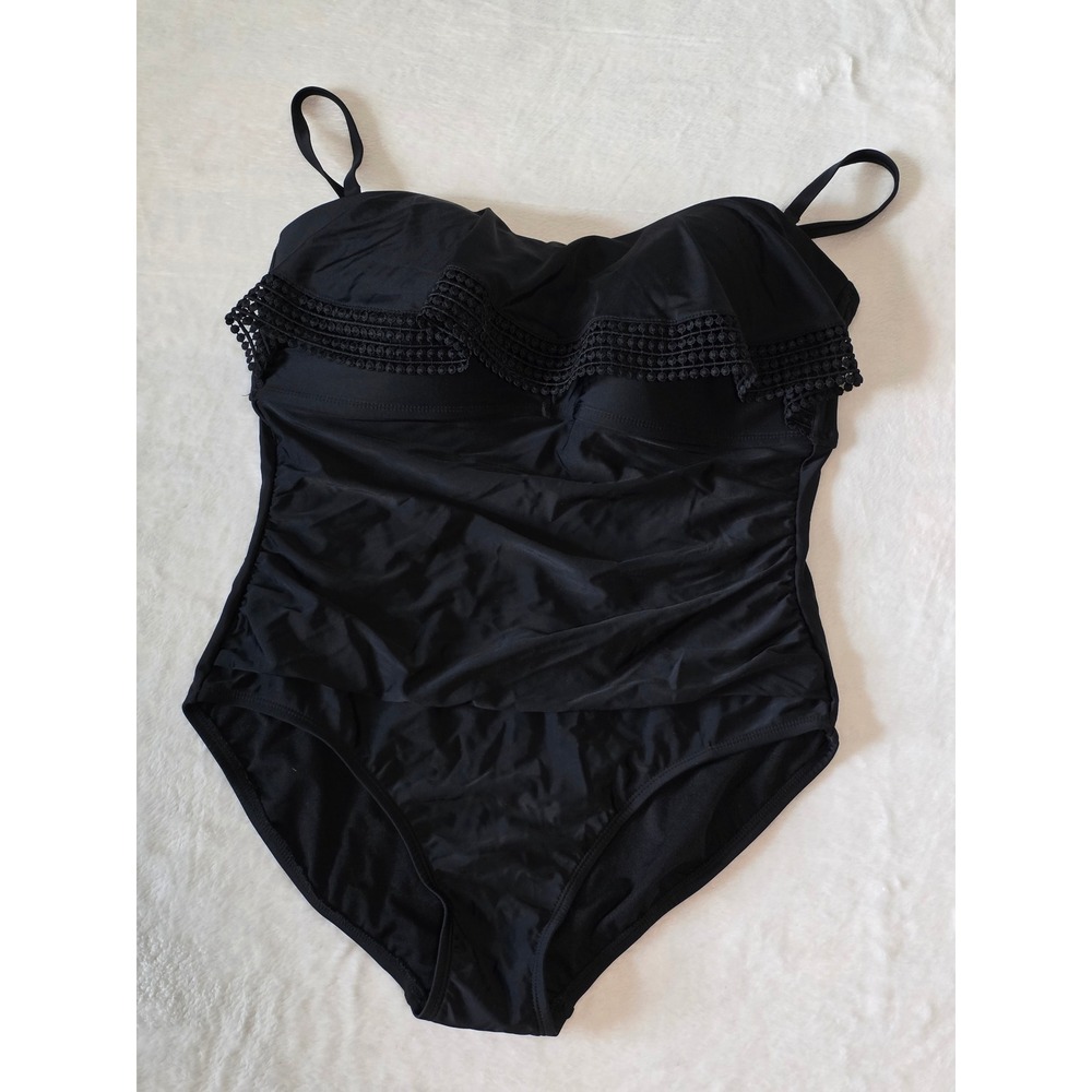 Kona Sol Black Flounce Crochet Lace Ruched One Piece Swimsuit XL